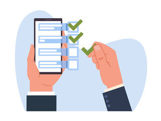 Checklist on smartphone screen, hand marks item on list. Online form for marking completed goals, time management and planning application, cartoon flat style isolated vector concept