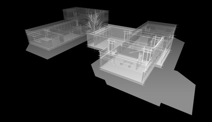 Modern house building architectural drawing 3d rendering