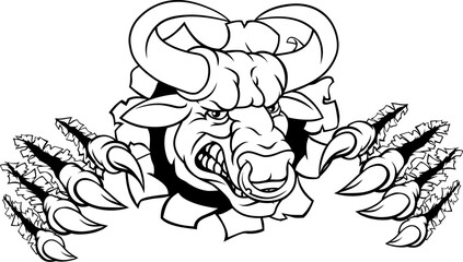 A bull or Minotaur monster longhorn cow angry mean head mascot face cartoon. Tearing through the background. With a ring through their nose.