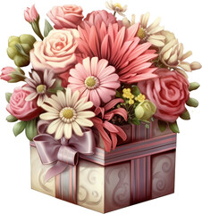 Illustration of a gift box with a bouquet of beautiful flowers