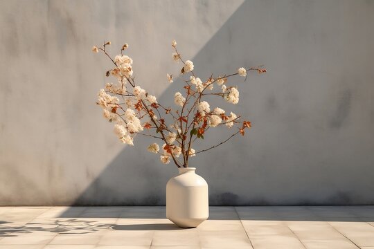 Ikebana still life arrangement in a ceramic white vase, bright, outdoor, created using AI technology