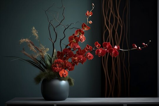 Lush Ikebana still life of earthy coloured flowers and branches, created using AI technology
