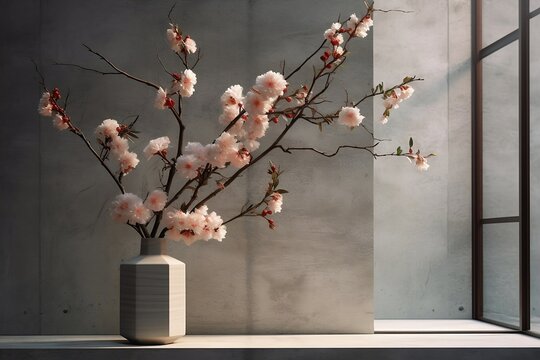Ikebana still life of pink blossom flowers in concrete flower vase, created using AI technology