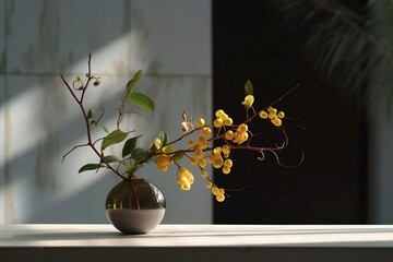 Ikebana still life with yellow flowers in a round vase, created using AI technology