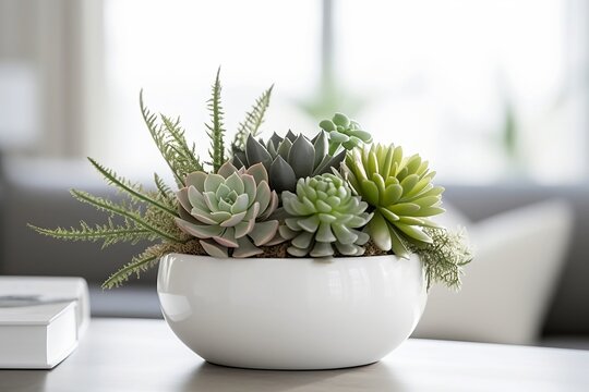 Minimalist and bright still life with cactus and succulents arrangement in a white pot, created using AI technology