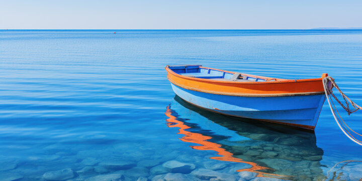 small colorful wooden fishing boat with water reflections