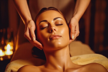 Fototapeta na wymiar Young beautiful woman having a relaxing face massage in spa, relaxation. Generative AI