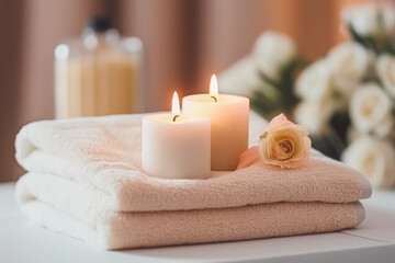 Interior design of candles with towels ready for spy relax day. Generative AI