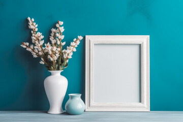 White empty picture frame on blue wallpaper background, modern design esthetic. Generative AI