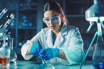 Young smart microbiologist woman concentrating on her work in sterile laboratory environment. Generative AI