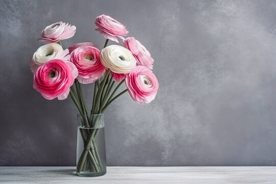 Bouquet of beautiful pink and white flowers in vase on the table with grey wall in the background. Generative AI