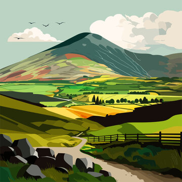 Ireland. Beautiful Irish countryside with emerald green fields and meadows.Vector illustration in flat style