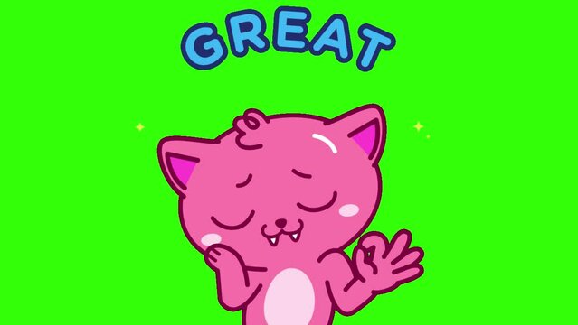 Pink Cat with Great and Like Typography background animated, logo symbol, social media, green screen
