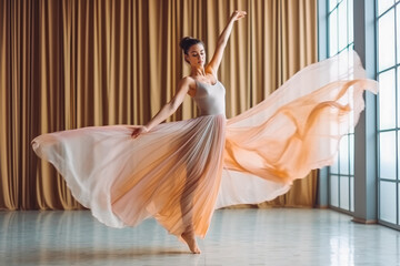Beautiful attractive ballerina dancing in long ballerina natural color tutu, esthetically pleasing. Generative AI
