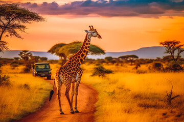 Obraz premium Giraffe standing by the car on safari tour with beautiful sunset in the background, savanna nature. Generative AI