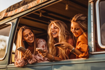 Obraz na płótnie Canvas Beautiful attractive women smiling and having fun on a road trip in their van. Generative AI