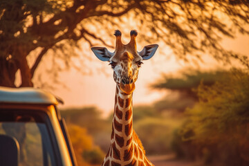 Giraffe standing by the car on safari tour with beautiful sunset in the background, savanna nature. Generative AI
