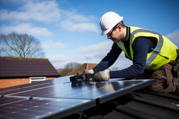 An eco friendly solar panel being fitted to a residential roof by an engineer