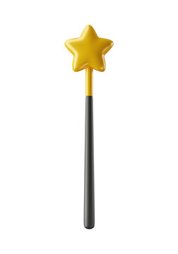 Black magic wand with golden star 3d realistic style rendering. Magician, wizard, fairy, princess accessory vector illustration isolated on white background