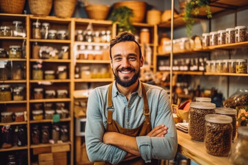 Obraz premium Handsome young owner of zero waste shop smiling and looking at the camera, promotion of zero waste lifestyle. Generative AI