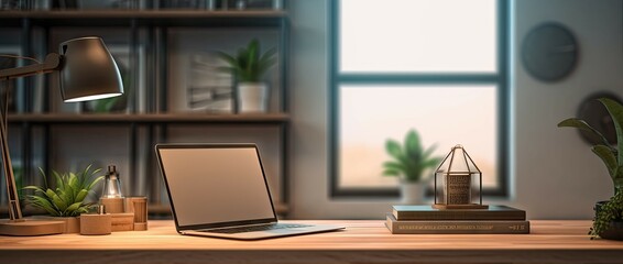 Professional workspace with laptop, desk, and shelves in home office interior design blur background