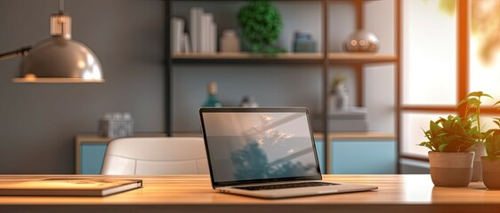 Fototapeta premium Professional workspace with laptop, desk, and shelves in home office interior design blur background