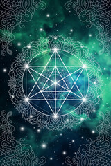 Sacred geometry zentangle inspired design template with oriental tribal ornaments. Merkaba ornamental new age art.  Meditation symbol in front of natural background.