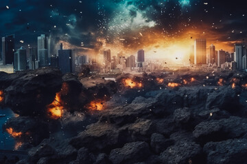 Fototapeta premium Meteorites falling on metropolis, dramatic apocalypse, end of the world. Generative AI