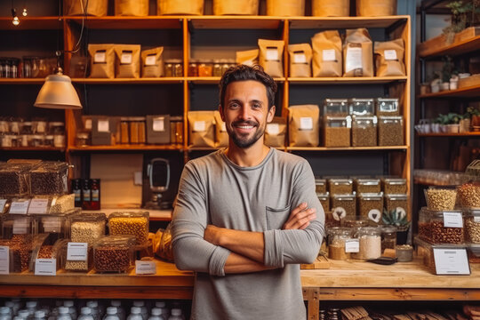 Handsome young owner of zero waste shop smiling and looking at the camera, promotion of zero waste lifestyle. Generative AI