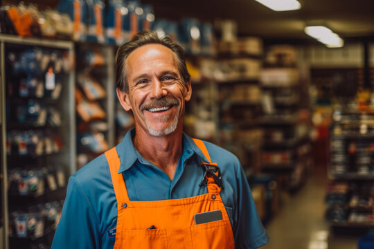 Caucasian smiling older hardware store worker posing in the shop. Generative AI