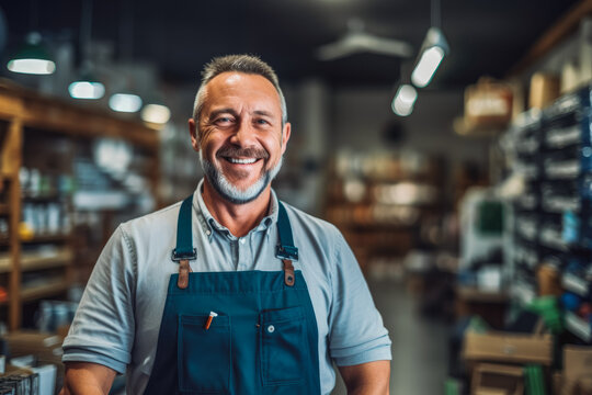 Caucasian smiling older hardware store worker posing in the shop. Generative AI