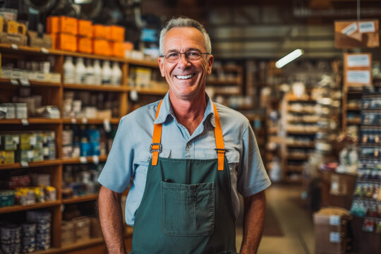 Caucasian smiling older hardware store worker posing in the shop. Generative AI