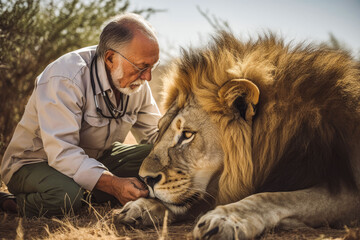 Veterinarian examining a lion and his health condition, wild animal check up, sick animal. Generative AI
