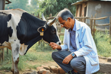 Veterinarian examining a cow and hers health condition outside, wild animal check up, sick animal. Generative AI