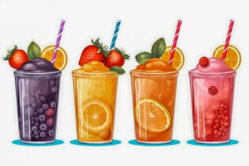 Set of smoothies with fruit and drinking straw, fruit vitamins, healthy lifestyle. Generative AI