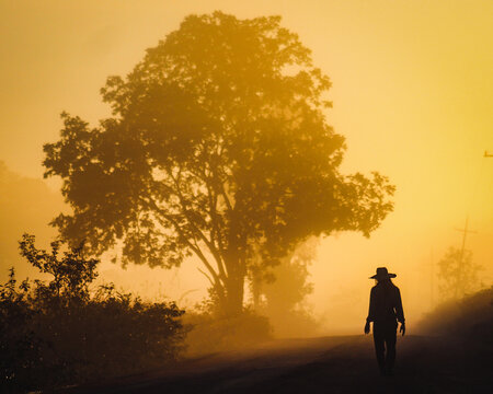 Amanhecer no Pantanal mato-grossense: Silhueta de pessoa não identificada com chapeu caminhando na estrada transpantaneira em um amanhecer com neblina