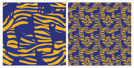 Dog silhouettes pattern fabric. Elegant, soft seamless background, abstract background with negative space Basenji dog shapes for Dog Lovers. Blue and yellow zebra. Birthday present wrapping paper.