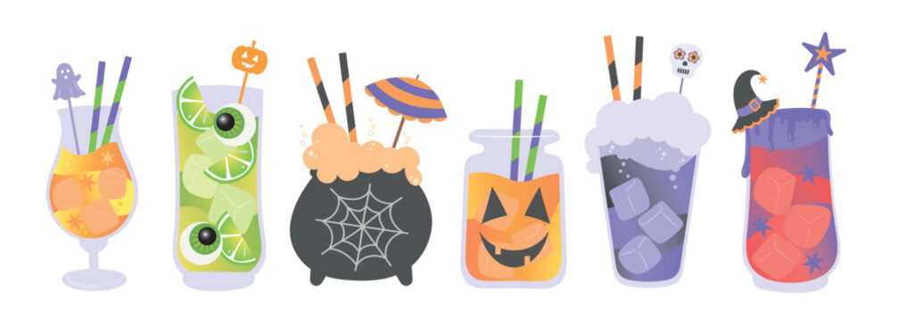 Fun collection of Halloween drinks, beverages, cocktails for party invitation, restaurant, bar, poster