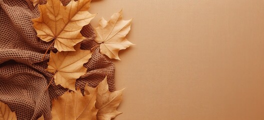 maple leaf on cloth autumn banner background, blank empty plain color background with copy space  Generative Ai