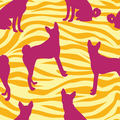 Dog silhouettes pattern fabric. Elegant, soft seamless background, abstract background with Basenji dog shapes for Dog Lovers. Pastel yellow and orange zebra. Birthday present wrapping paper, holiday.