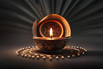 3D rendering indian lamp for diwali celebration on soft background ethereal. Colorful particle effects in the background. Gold filigree on a indian lamp. AI-generated Digital Art