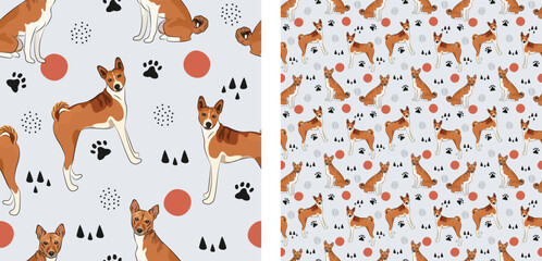 Seamless Basenji dog pattern, holiday texture. Square format, t-shirt, poster, packaging, textile, socks, textile, fabric, decoration, wrapping paper.Trendy hand-drawn dogs wallpaper,abstract elements