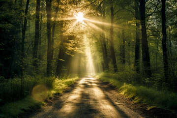 Sunlit Serenity: Captivating Forest Path Bathed in Golden Sunbeams, ai generative