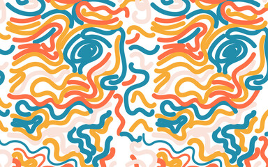 Fototapeta na wymiar Colorful line doodle seamless pattern illustration. Creative minimalist style art background, trendy design with basic shapes. Festive texture concept, trendy design