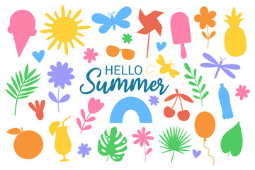 Set cute summer elements set. Hello summer lettering. Color silhouette vector illustration.