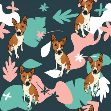 Basenji dog wallpaper with leaves, palms, flowers, plants. Pastel green, pink, navy. Holiday abstract natural shapes. Seamless floral background with dogs, repeatable pattern. Birthday wallpaper. 