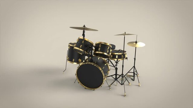 Musical drum set modern minimal equipment rock jazz metal pop gold and black classic isolated 3d video
