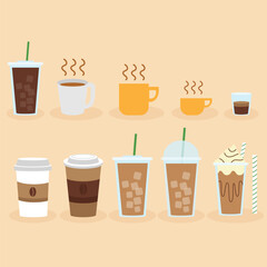 set of hot and cold iced coffee beverages. Vector flat illustration 