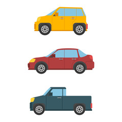 set of Various Cars Vector. City cars, sedans, sport cars. Vector illustration cartoon.