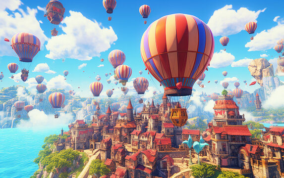 Hot air balloons. Above, hot air balloons reminiscent of the urban vistas of medieval Europe.  Generative AI